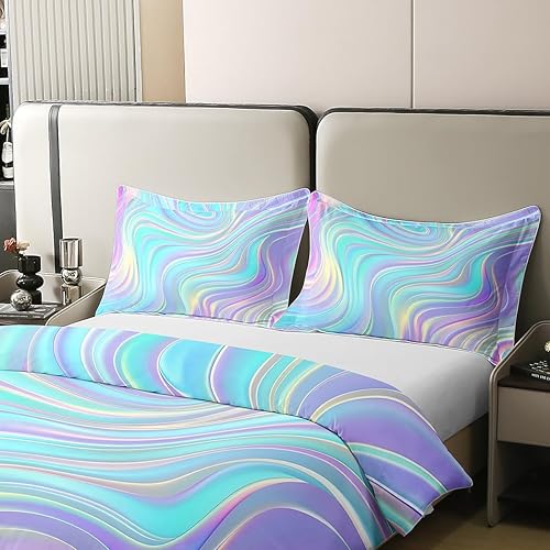 Miniatura 4 de Juego de ropa de cama de 100 % algodón pastel arcoíris tamaño Queen, funda de edredón con rayas abstractas onduladas, brillante, turquesa, azul,