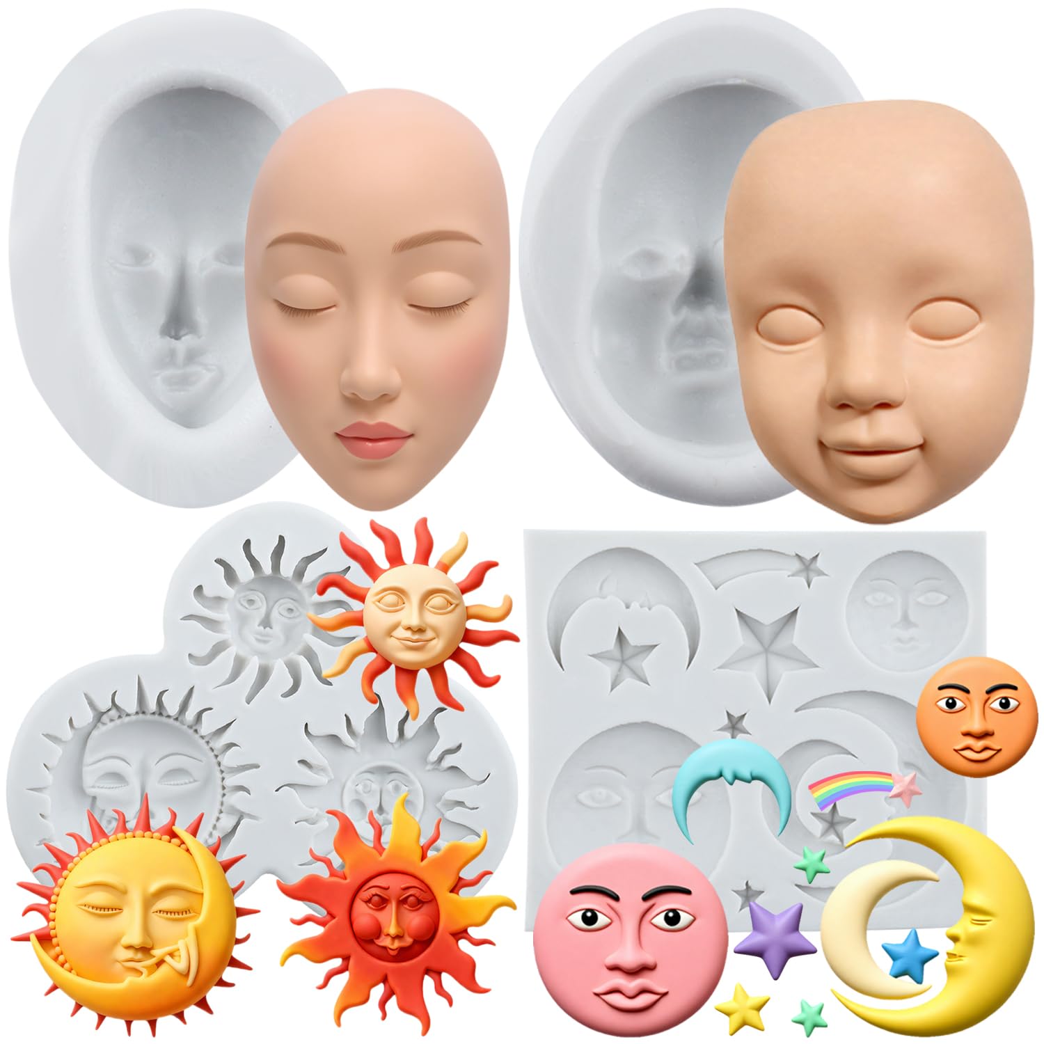 MYPRACS Human Face Silicone Molds Sun Moon Face Fondant Mold Set of 4
