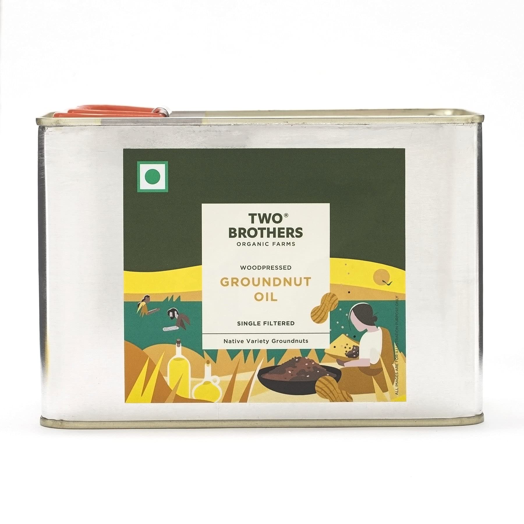 TWO BROTHERS ORGANIC FARMS Groundnut Oil, Made Using Farm Grown Groundnuts|Cold-Pressed And Single-Filtered Oil For Healthier Cooking|Kacchi Ghani/Mara Chekku, Natural And Unrefined 2 Litres Tin Can