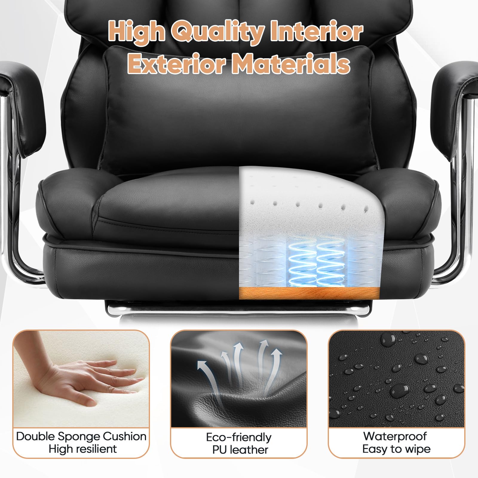 Sweetcrispy Chefsessel für Heimbüro, ergonomisch, groß, hohe Rückenlehne, mit Fußstütze und Lendenwirbelstütze, höhenverstellbar, bequemes PU-Leder, Computer-Gaming mit drehbaren Rädern, Schwarz