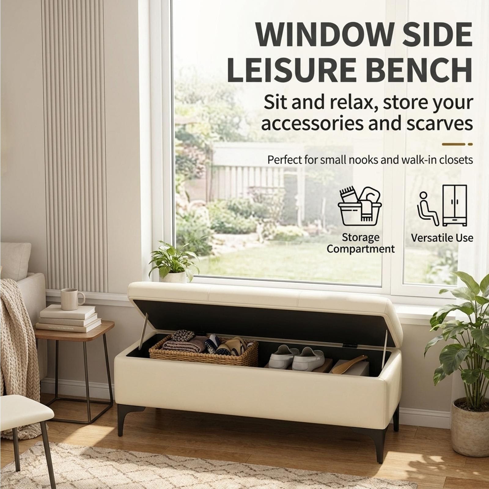 Banc Coffre en Similicuir, Banc de Rangement Rembourré Extra Long pour Pied de Lit, Chambre, Entrée et Salon(White,110x30x43cm)