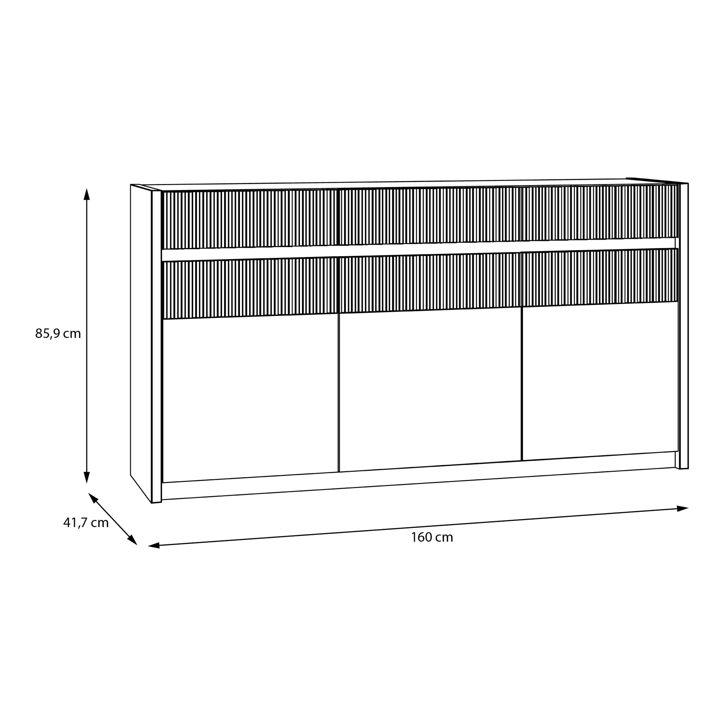 Forte Oak SQUERE Sideboard 160, Elegantes Sideboard mit 3 Türen, Beleuchtung und Lamellendesign, Holzwerkstoff, Mauvella Eiche Dekor/Sand, 160 cm breit x 85,9 cm hoch x 41,5 cm tief