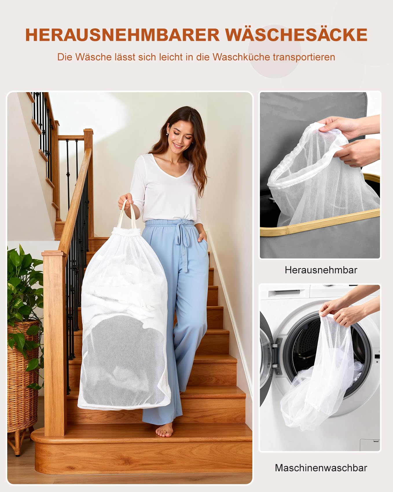 Ribelli Cesto portabiancheria pieghevole da 85 litri, con coperchio e sacchetto rimovibile, per lavanderia, bagno, camera da letto, crema