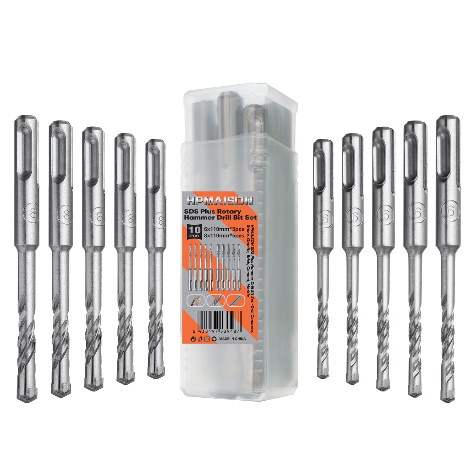 HPMAISON Juego de brocas para hormigón SDS Plus, 10 piezas, Super SDS – 6 mm x 110 (5 piezas) & 8 mm x 110 (5 piezas) – Broca para piedra compatible con Bosch Hilti Makita Metabo Taladro percutor