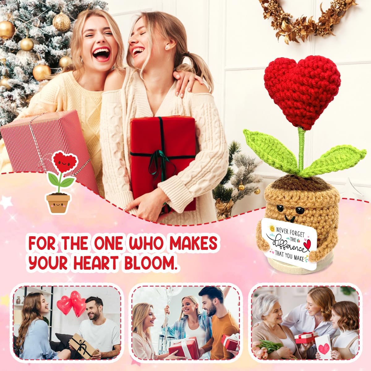 Valentine Day Mini Heart Flowers Crochet, Valentine Gifts for Him Her, Anniversary Birthday Gift for Wife Husband, Unique Valentine Day Decor for Coworkers Mom Friends - Image 6