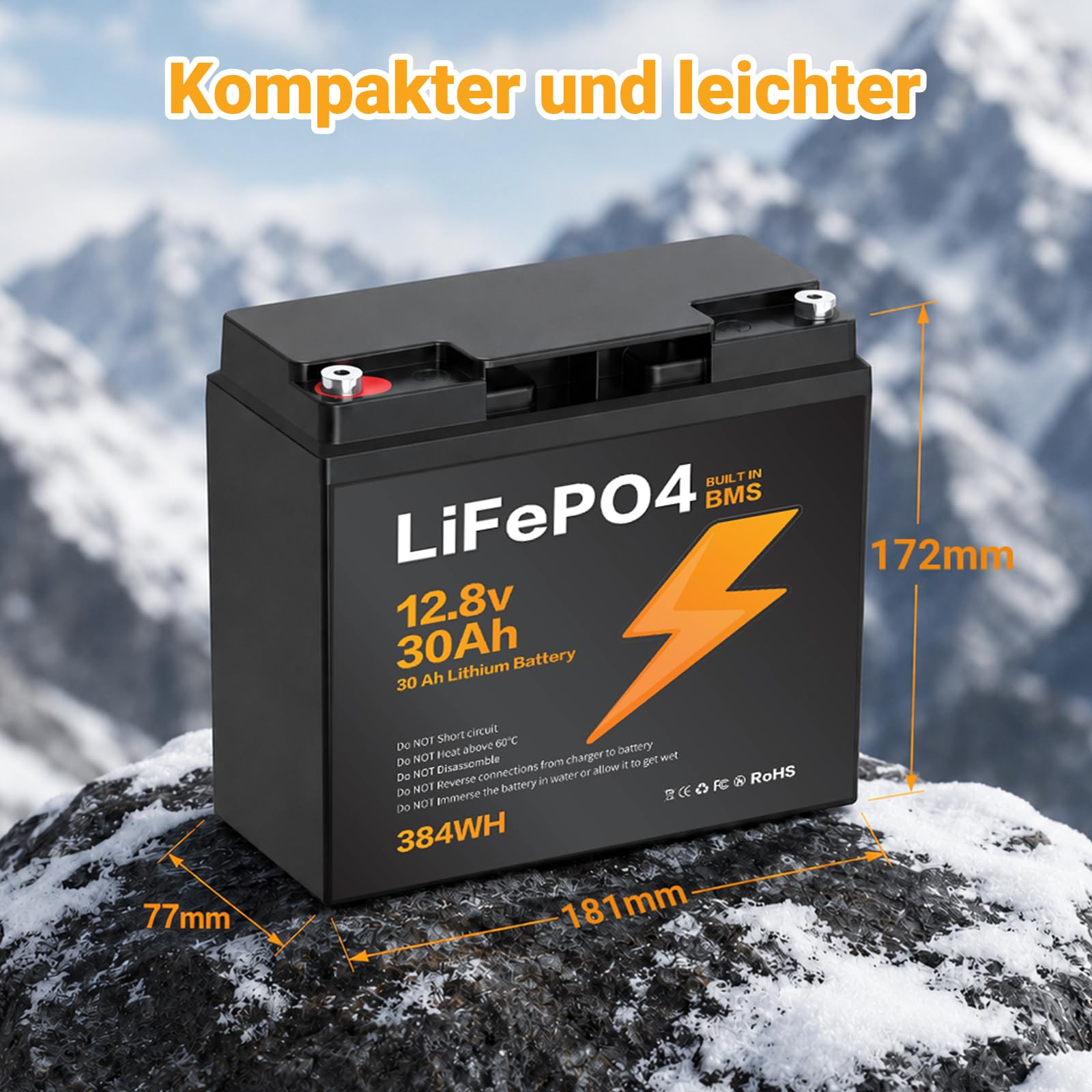 12,8V 30Ah LiFePO4 Batterie 384Wh mit integriertem BMS-Schutz | LiFePO4 Lithium Batterie mit BMS-Schutz, passend für Solaranlagen, Camping-, Boots- und Wohnwagengeräte