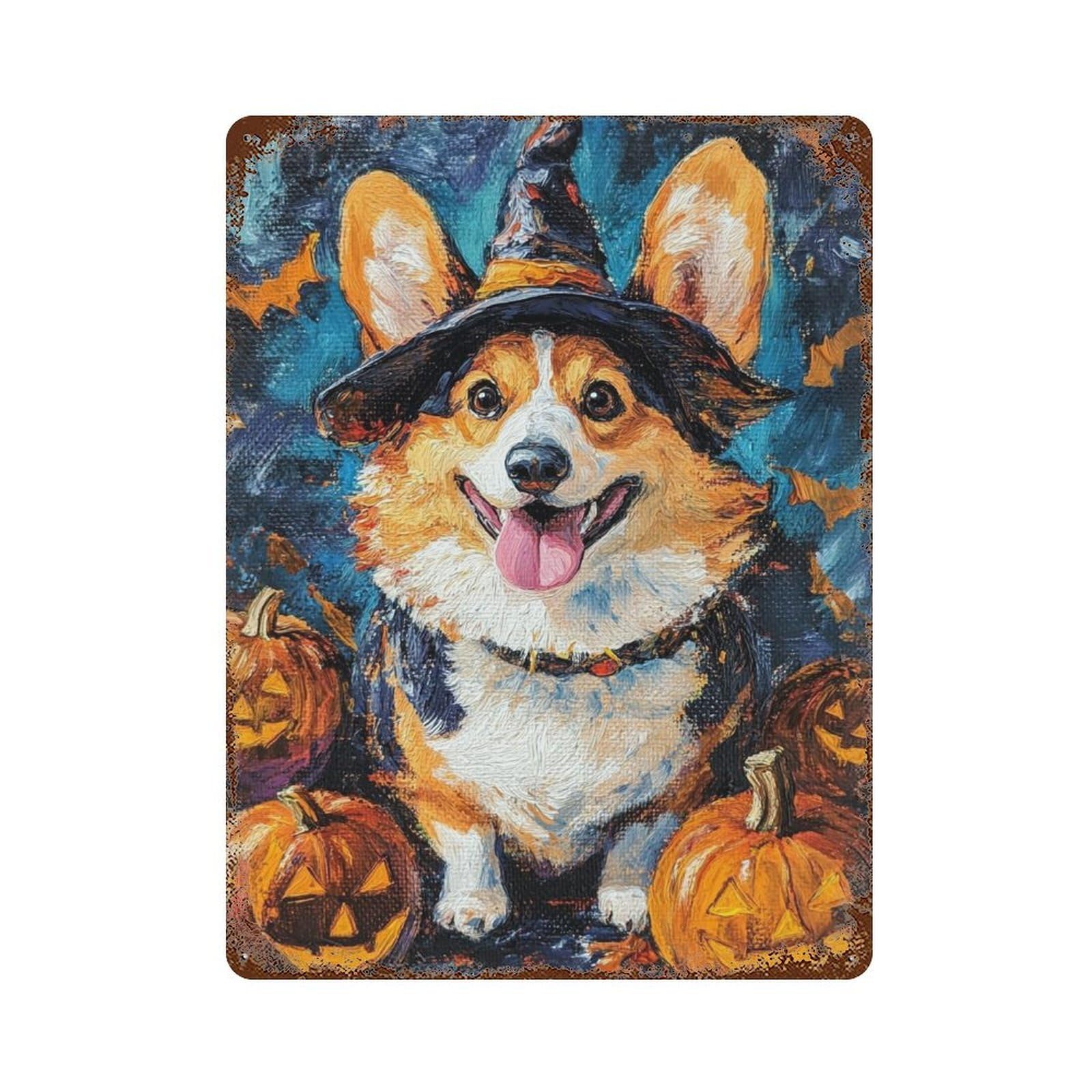 Rust Effect Halloween Corgi with Pumpkins Rustic Tin Plaque 15.7"x11.8", Shabby Chic Decor for Basement, Hobby Room And Garage Decor