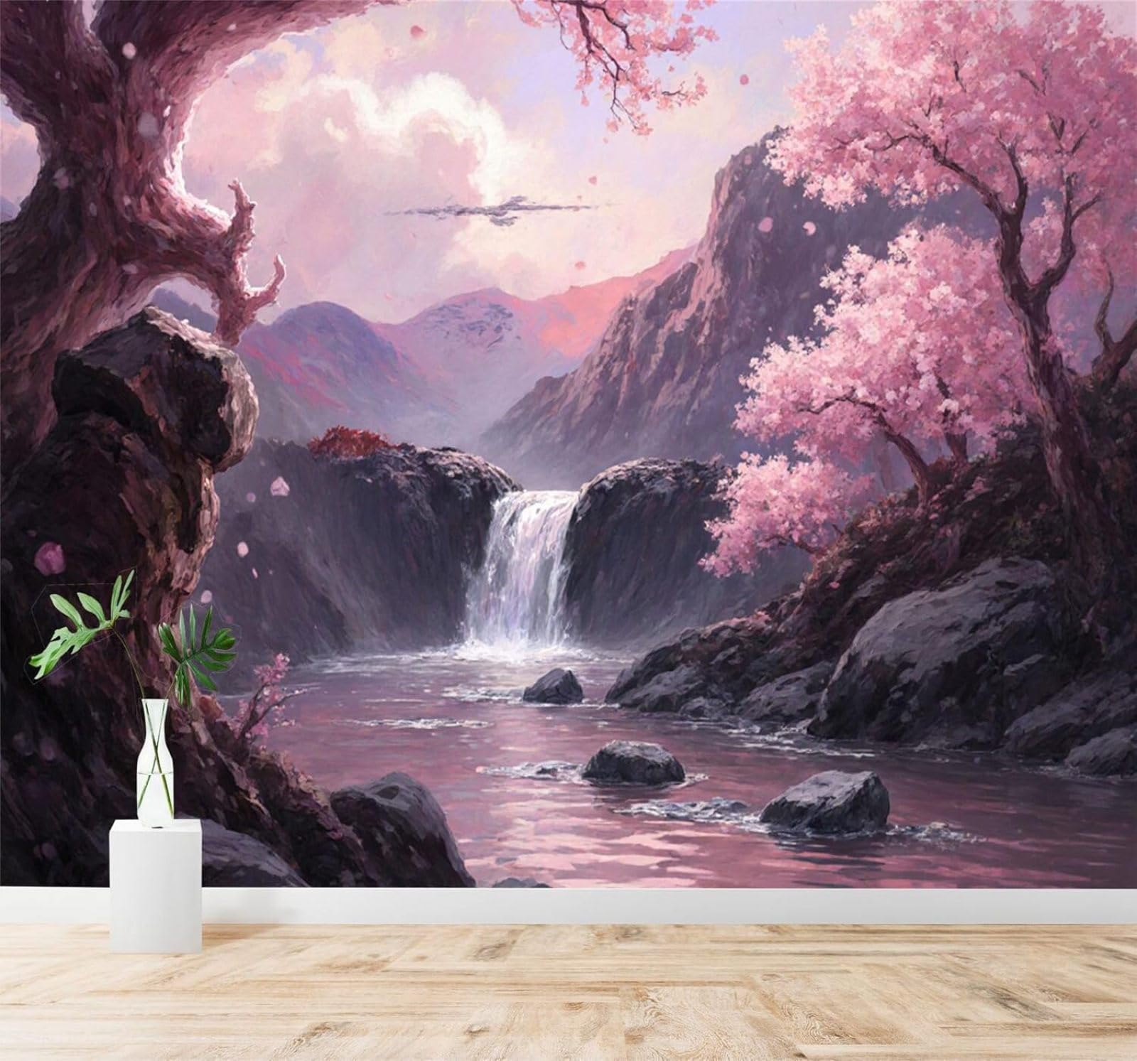 XLMING Pink Cherry Blossom Trees Mountain Peaks Waterfalls Sunset Sky 3D Wallpaper Premium Textured Silk Study Dining Living Room Bedroom Sofa TV Wall Easy Install-400cm×280cm