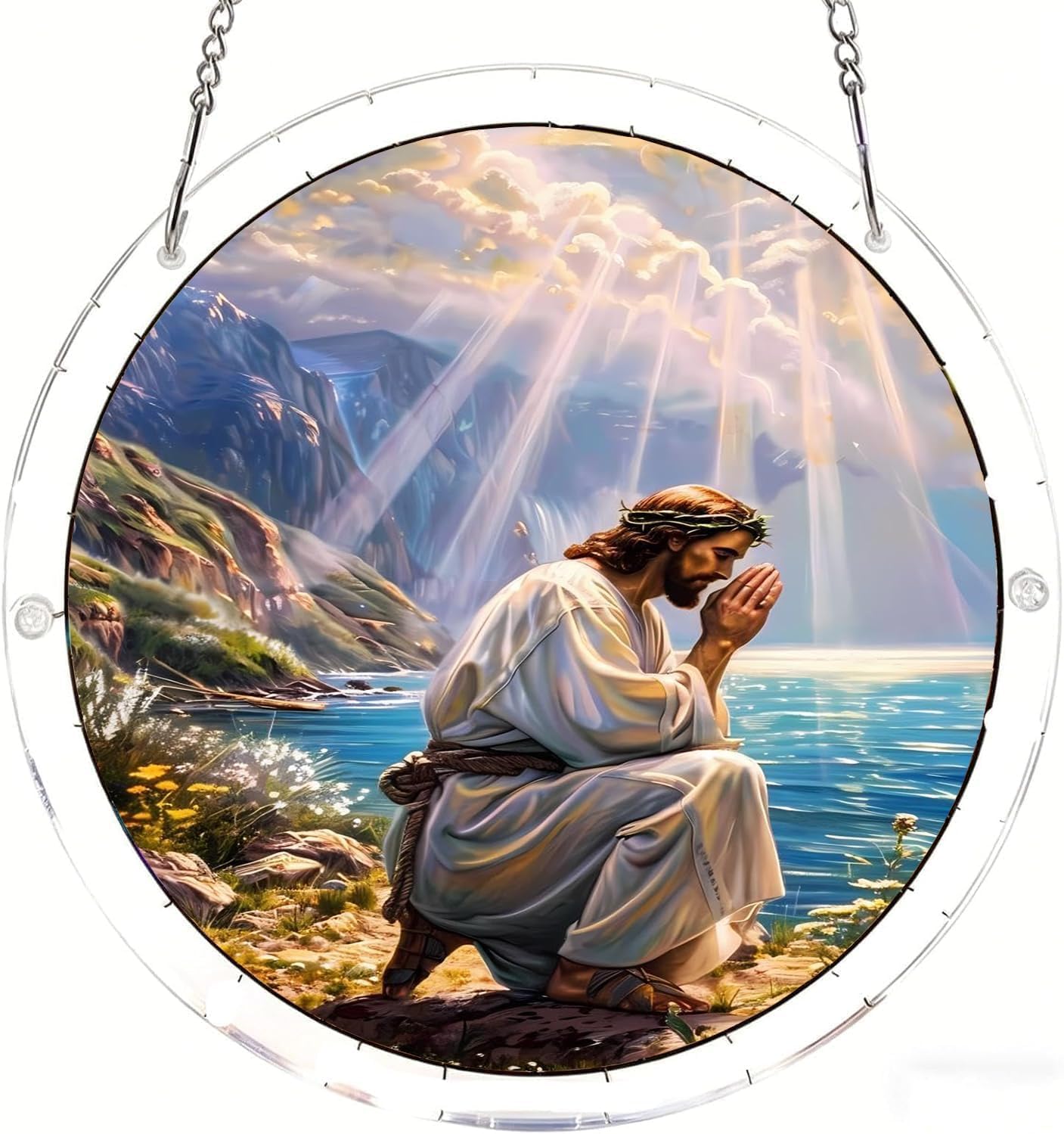 Jesus Praying by the Sea Acrylic Jigsaw Puzzles Suncatcher, 8.9 Inch Window Hanging Suncatcher Acrylic Puzzle, DIY Home Decor Art Gift