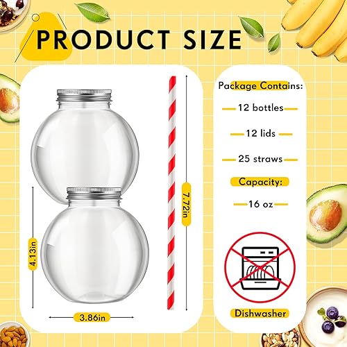 Miniatura 2 de Tazones de hiedra de plástico de 16 onzas para bebidas con tapas de aluminio y pajitas de papel, vasos esféricos transparentes para juegos de
