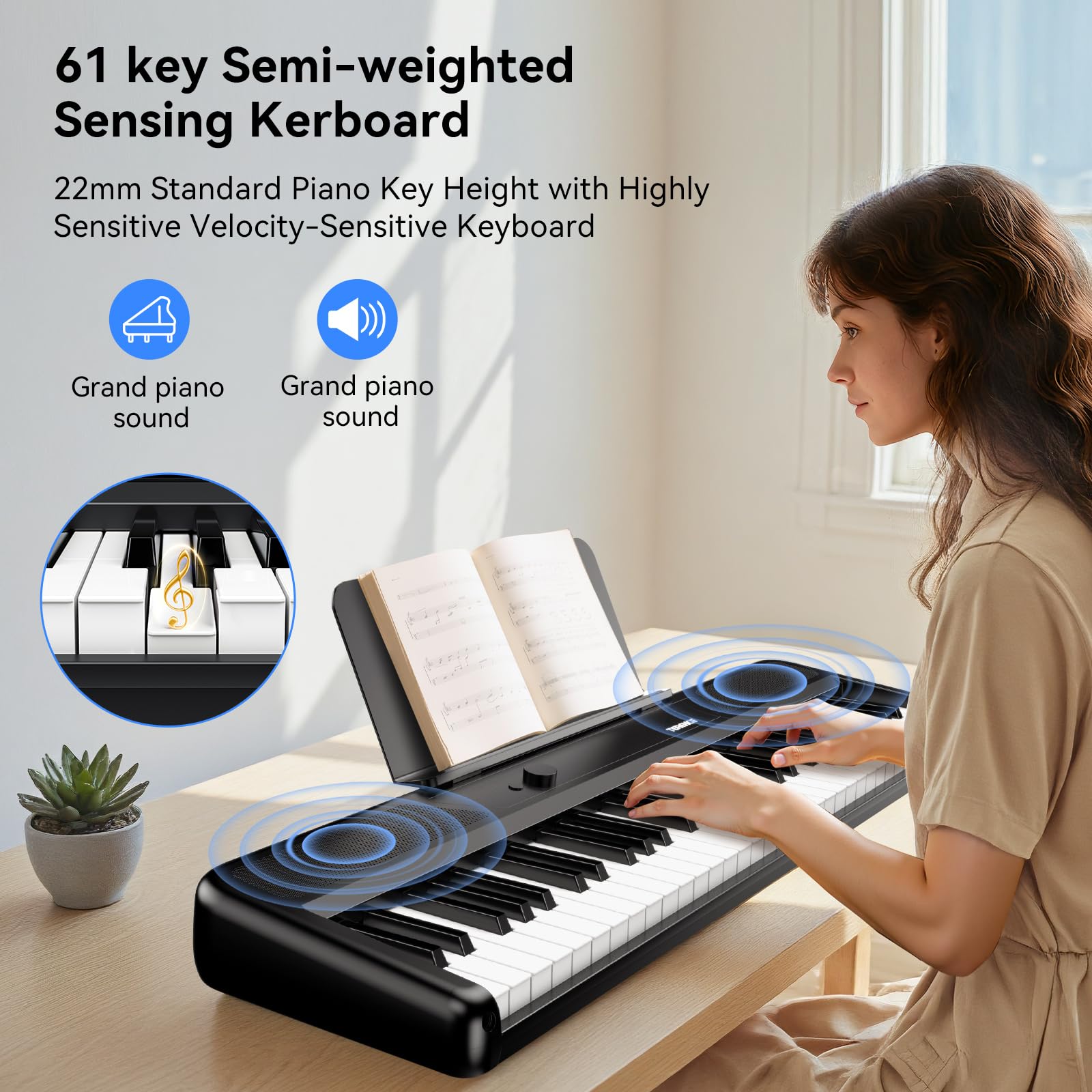 TERENCE Tastiera pianoforte a 61 tasti – Set pianoforte elettronico con supporto, 2 altoparlanti da 5 W, risposta al tocco, ideale per principianti e adulti, portatile, MIDI, 128 suoni