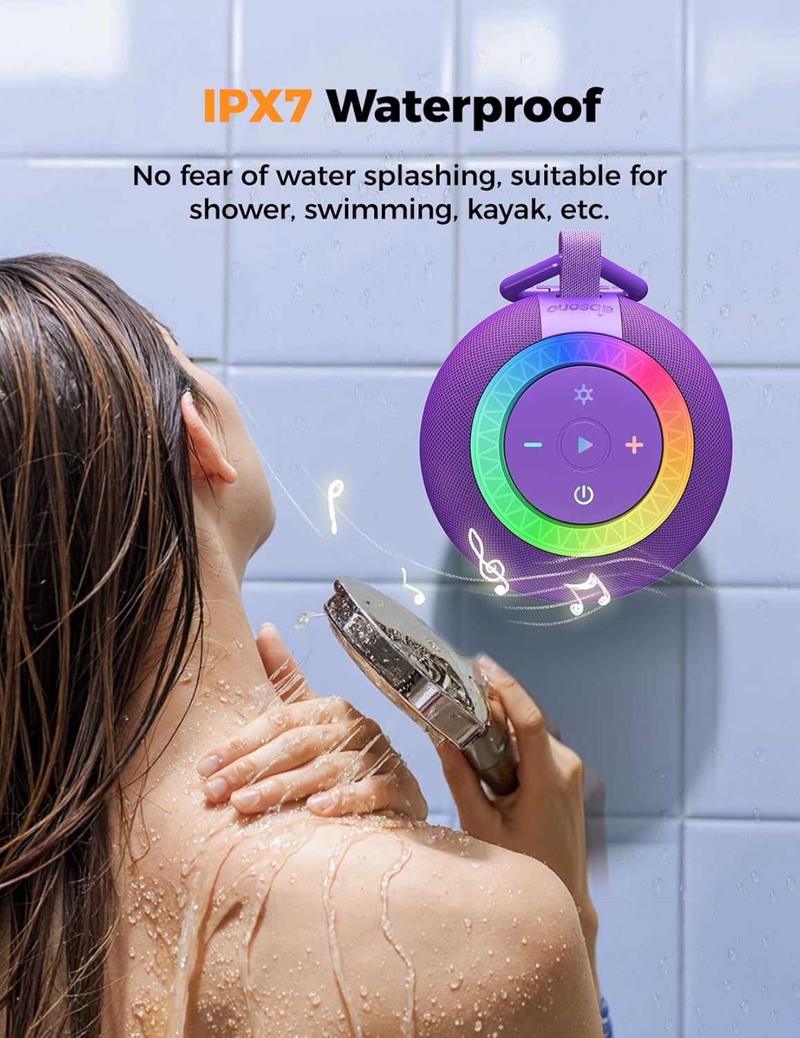 Portable Bluetooth Speaker Shower Waterproof: IPX7 Loud Sound with Suction Cup Removable, Birthday White Elephant Stocking Stuffers for Adults Teens Women Men, Cool Gadgets with Light-Dark Purple