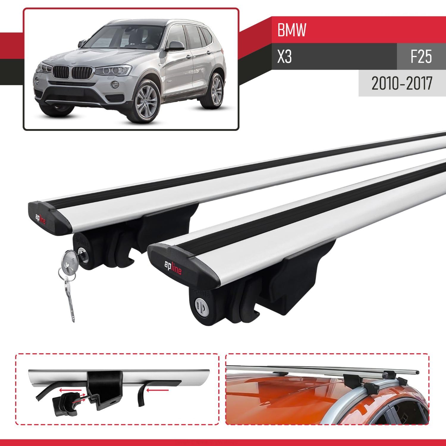Compatible con BMW X3 (F25) 2010-2017 Modelo Hook Barra de Techo Auto Portaequipajes Barras Transversales Gris Aluminio 2 Barras