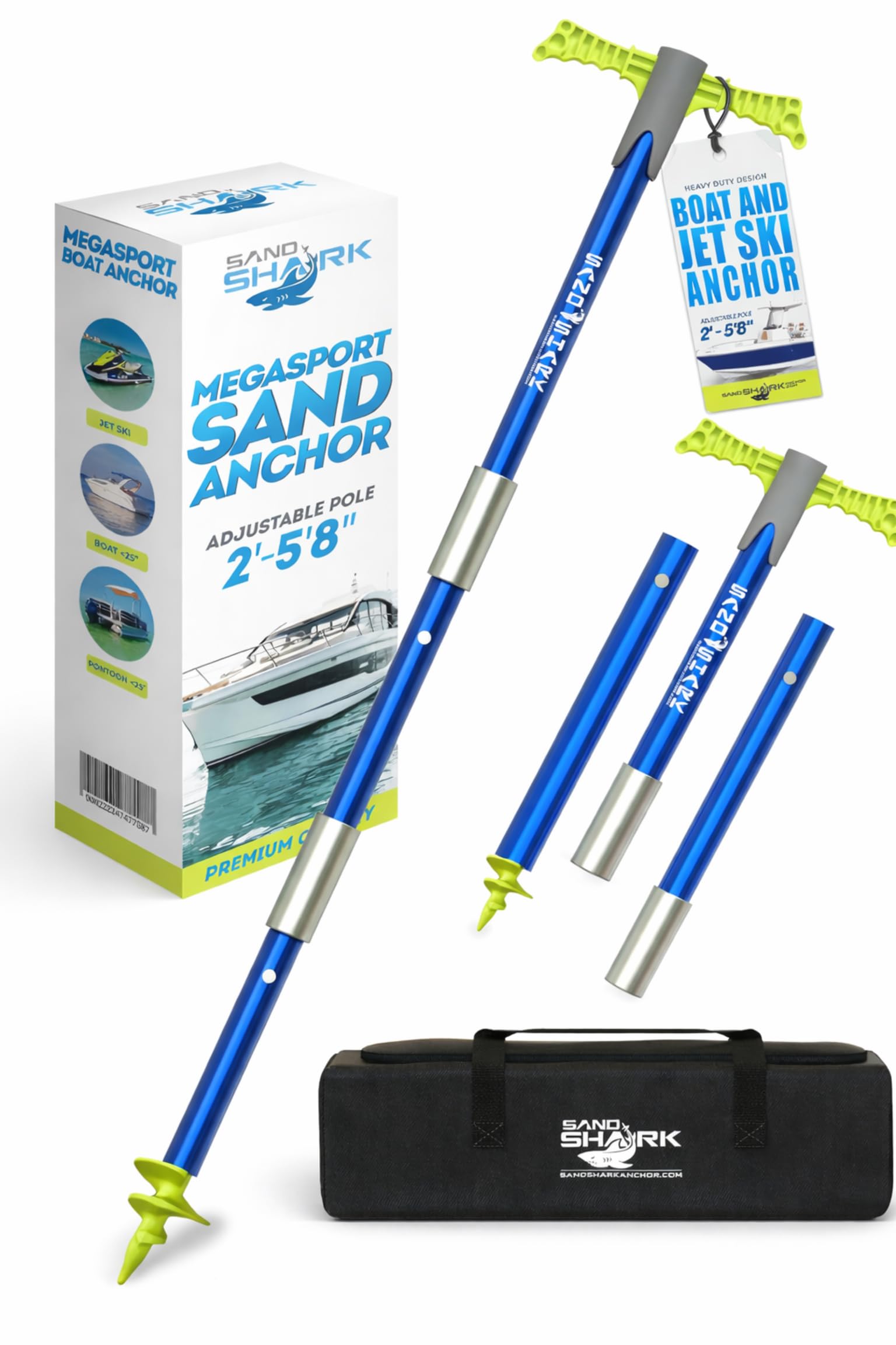 SandShark Supersport 3.0 Shallow Water Anchor - Great Jet Ski, PWC, Pontoon Boat Accessory - Adjusts 29"-48" w/Case