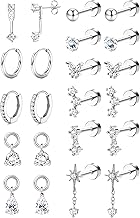BESTEEL Hypoallergenic Silver Flat Back Earrings for Women - 14K Gold Plated Surgical Stainless Steel Earring Stacks Set | Small Stud & Hoop for Cartilage Helix Tragus Piercing Jewelry Comfort Gift