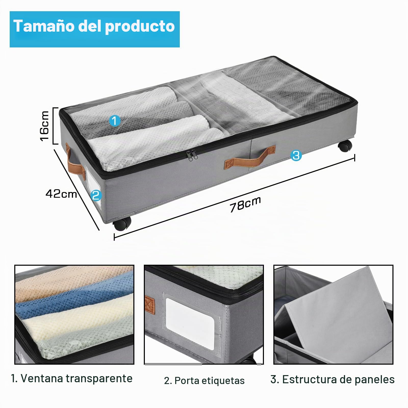 2 Piezas Organizador Ropa, Caja de Almacenamiento Debajo de la Cama Con Ruedas Giratorias de 360°, Cajas Almacenaje Ropa con Ventana Transparente Para Ropa, Zapatos y Mantas