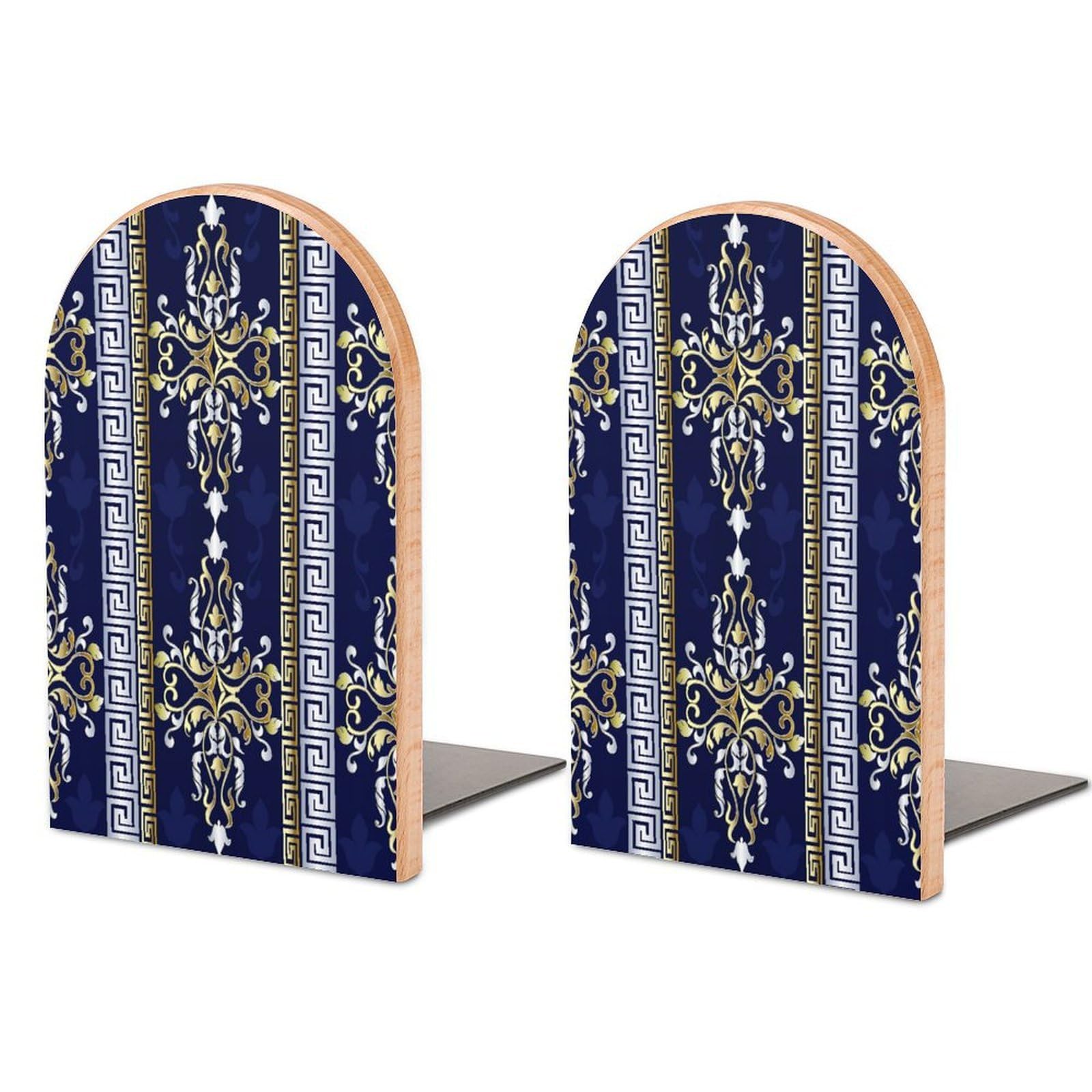 Striped Baroque Seamless Pattern Blue Background Beech Wood Bookends Heavy Duty Book Organizers Desktop File Holder for Office Home Bookshelf