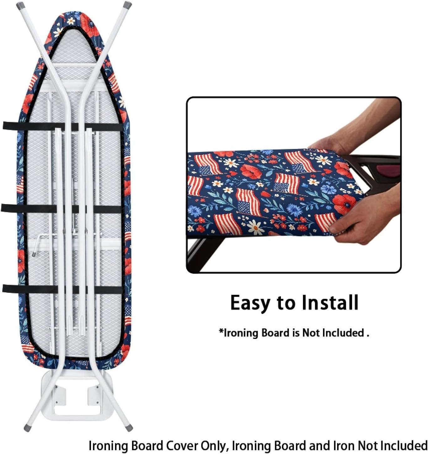 4th of July Ironing Board Cover, 16"x55" Standard Ironing Board Cover with Elastic Edge and Hook and Loop Fasteners, Scorch & Stain Resistant, Polyester Home Ironing Board Covers, Star Bright
