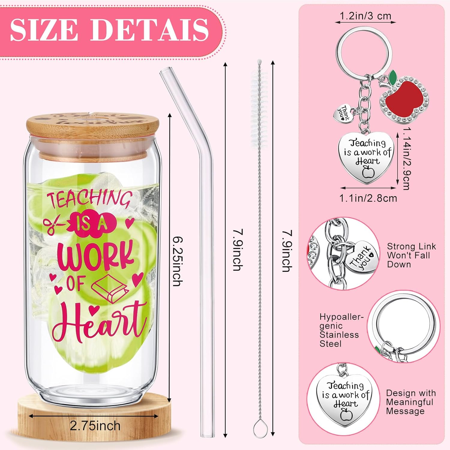 Hushee 12 Pcs Teacher Appreciation Gifts Set Christmas Thank You Gifts from Student 16 oz Glass Cups with Lids Socks Keychains for Teacher Women(Stylish,Polyester) - Image 6