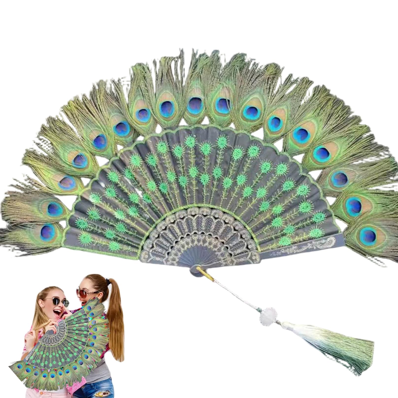 Uanqfegy Peacock Hand Fan - Foldable for Vintage Parties Halloween Costumes and Home Decor, Art Deco Design(Green)