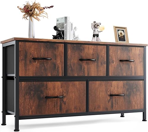 ANTONIA Cómoda para dormitorio con 5 cajones de tela, unidades organizadoras de pecho pequeñas para ropa, armario, habitación infantil, torre de