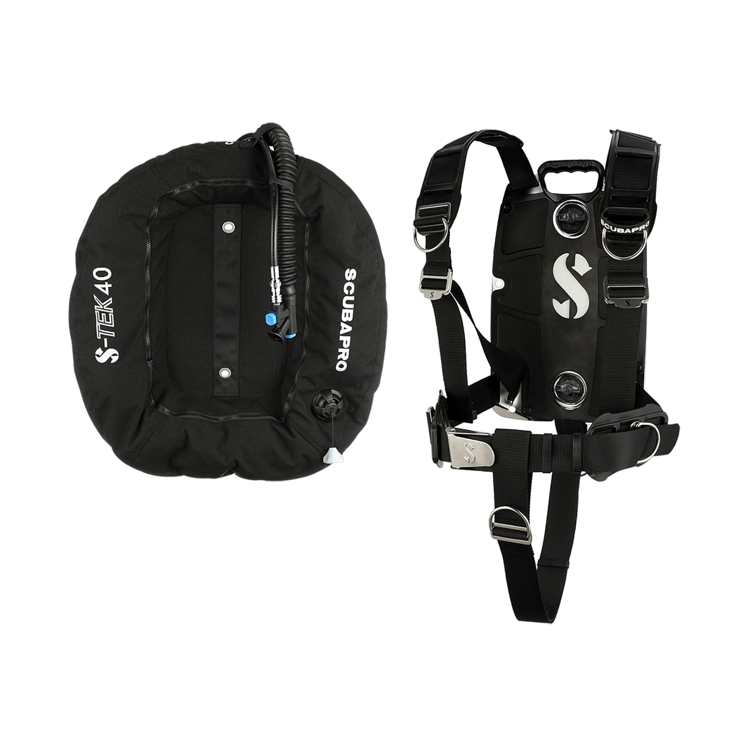 SCUBAPRO S-Tek Pro System for Technical Scuba Diving, Harness with Back Plate in Stainless Steel, Donut Wing 40 lbs/18kg, Includes Black Color Kit