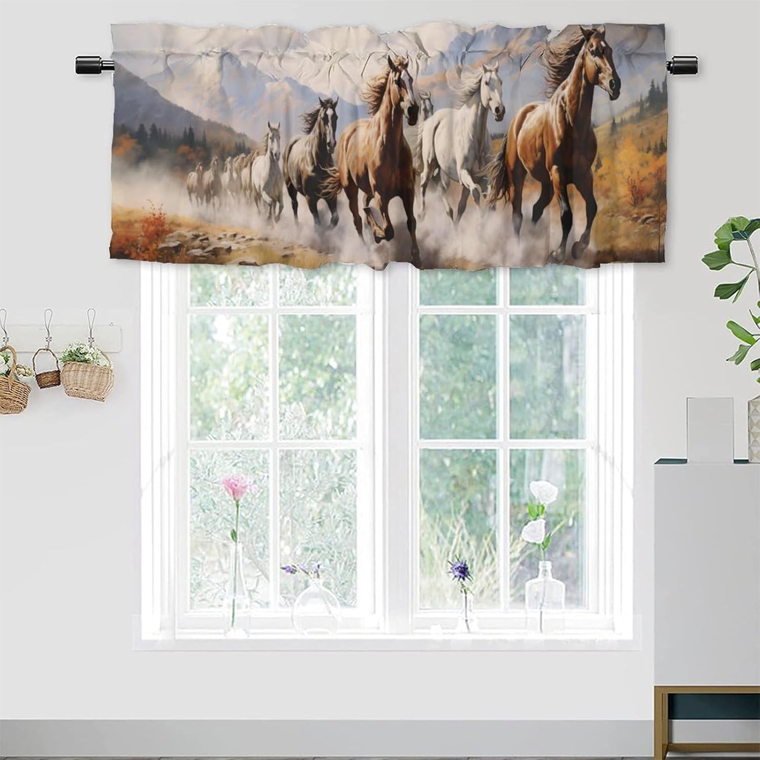 Horses Valance Rod Pocket Window Curtain - Watercolor Western Wild Animal Galloping Running Forest for Living Room Bedroom, Kitchen - 54 by 18 in, 2 Panel