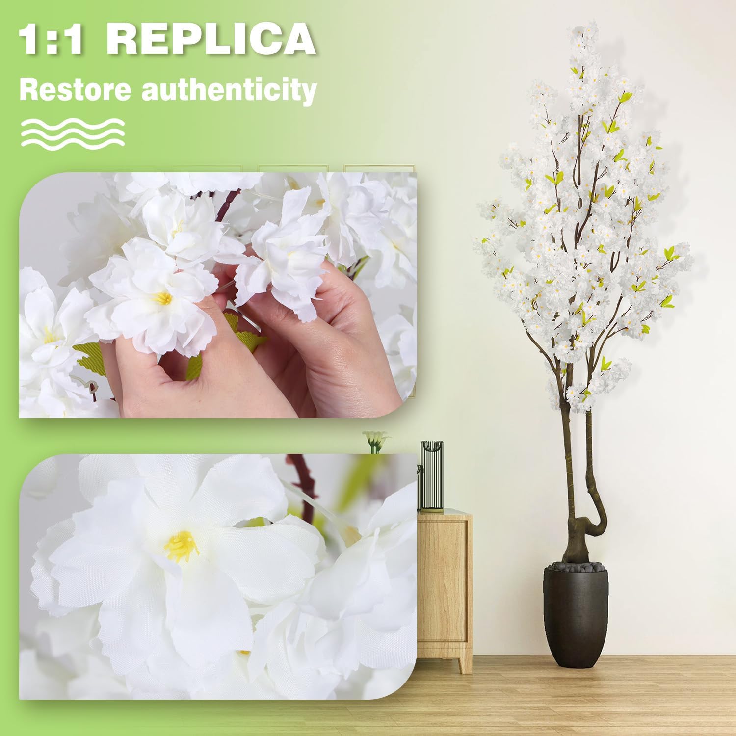 Faux White Cherry Blossom Tree 7ft(84in) Tall Artificial Plant Indoor Decor Handmade Natural Fake White Flower Tree for Wedding Realistic Cherry Plant in Pot for Home Living Room,Office,Outdoor Decor.