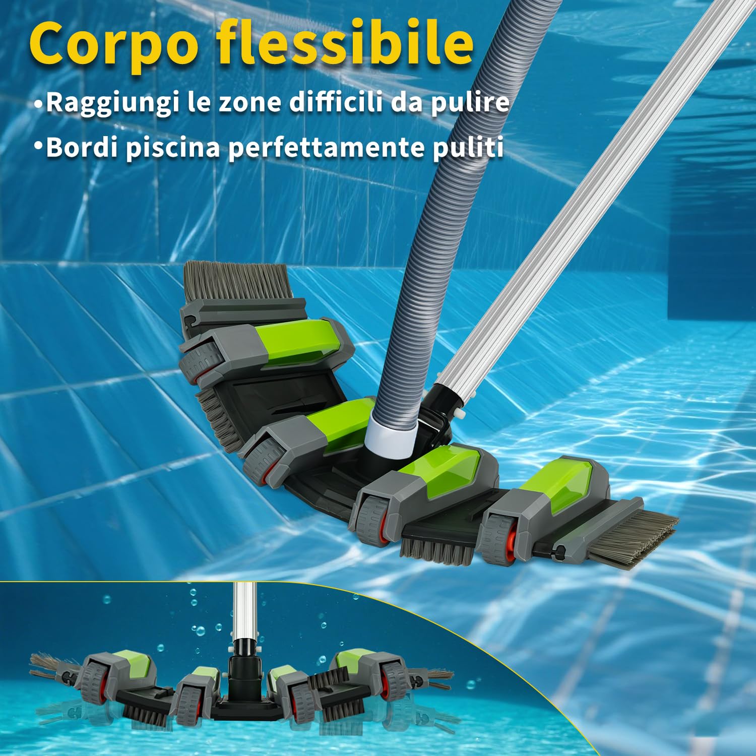 Spazzola Aspirafango Piscina 45 cm con Ruote, Spazzola Aspiratore Piscina con Attacco Aspirazione, Spazzola Fondo Piscina Flessibile con Spazzole Laterali, Compatibile con Tubi 3.2 cm e 3.8 cm