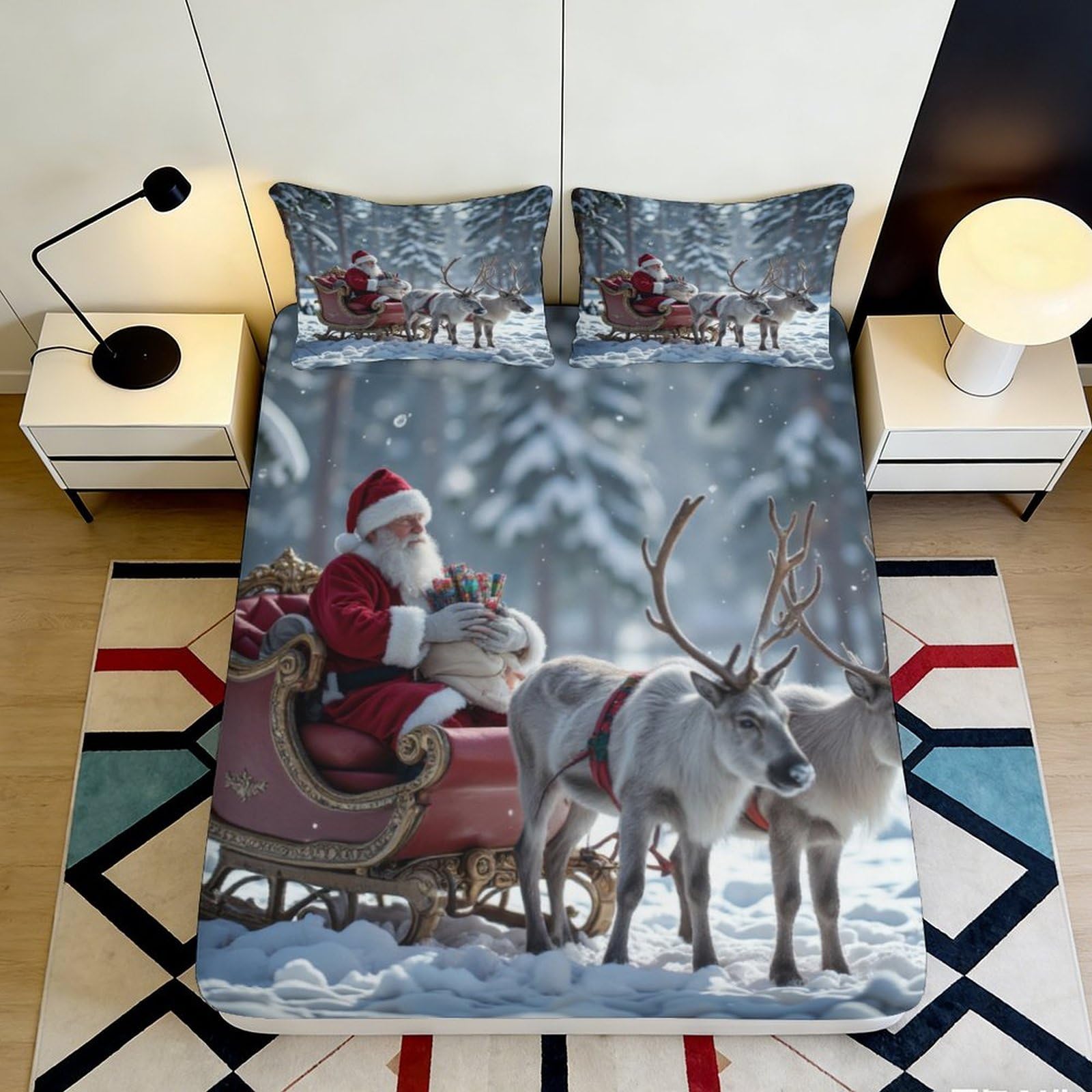 3D Printed Santa Sleigh Fitted Sheet Microfiber Red Reindeer Bed Cover for Bedroom Guest Room Decor Washable 140x200x25cm