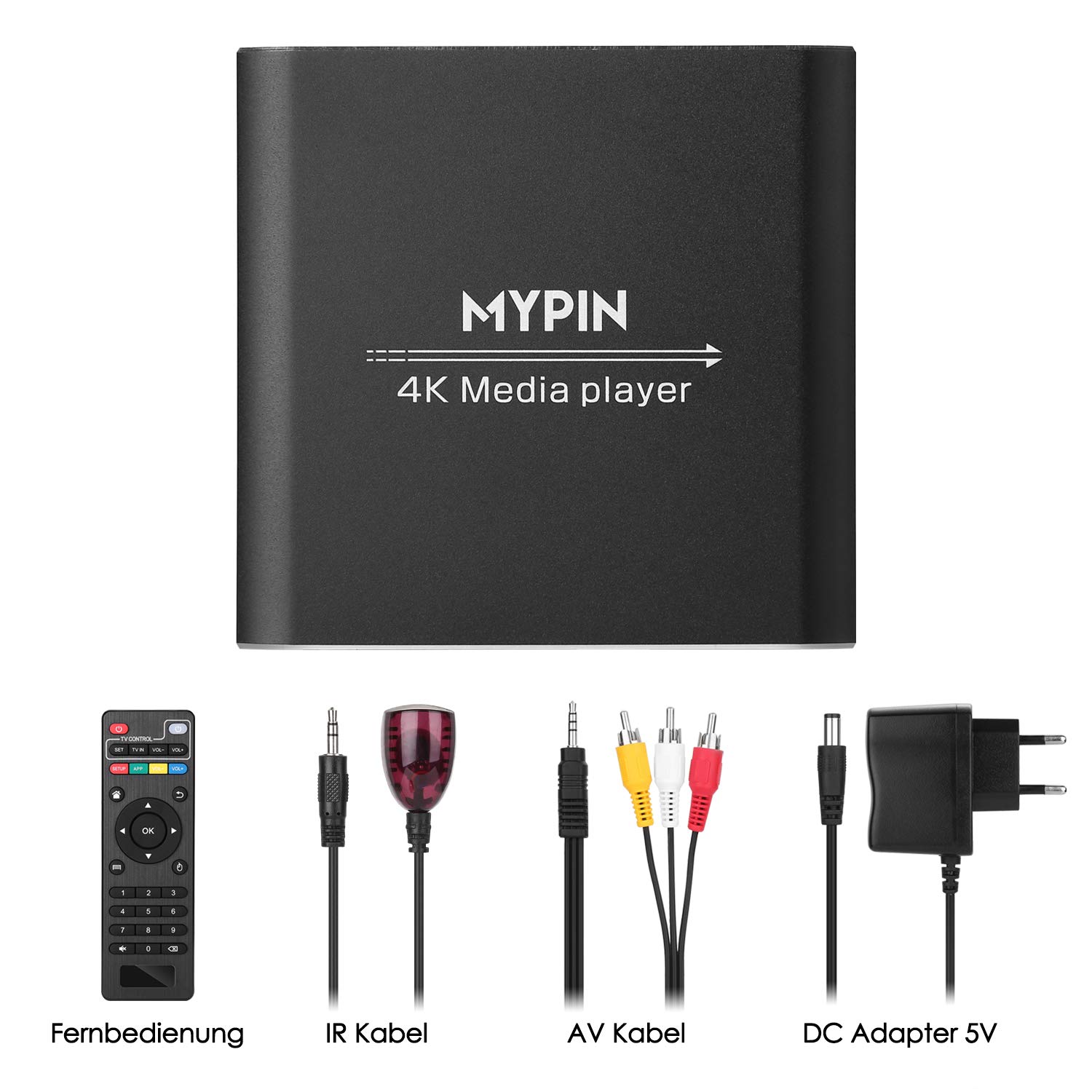 Lettore Multimediale 4K, MYPIN Media Player per HDD da 8 TB/Unità USB/Scheda TF/H.265 MP4 PPT MKV AVI Supporto HDMI/AV/Uscita Coassiale e Mouse/Tastiera, fino a 7.1 Surround Sound