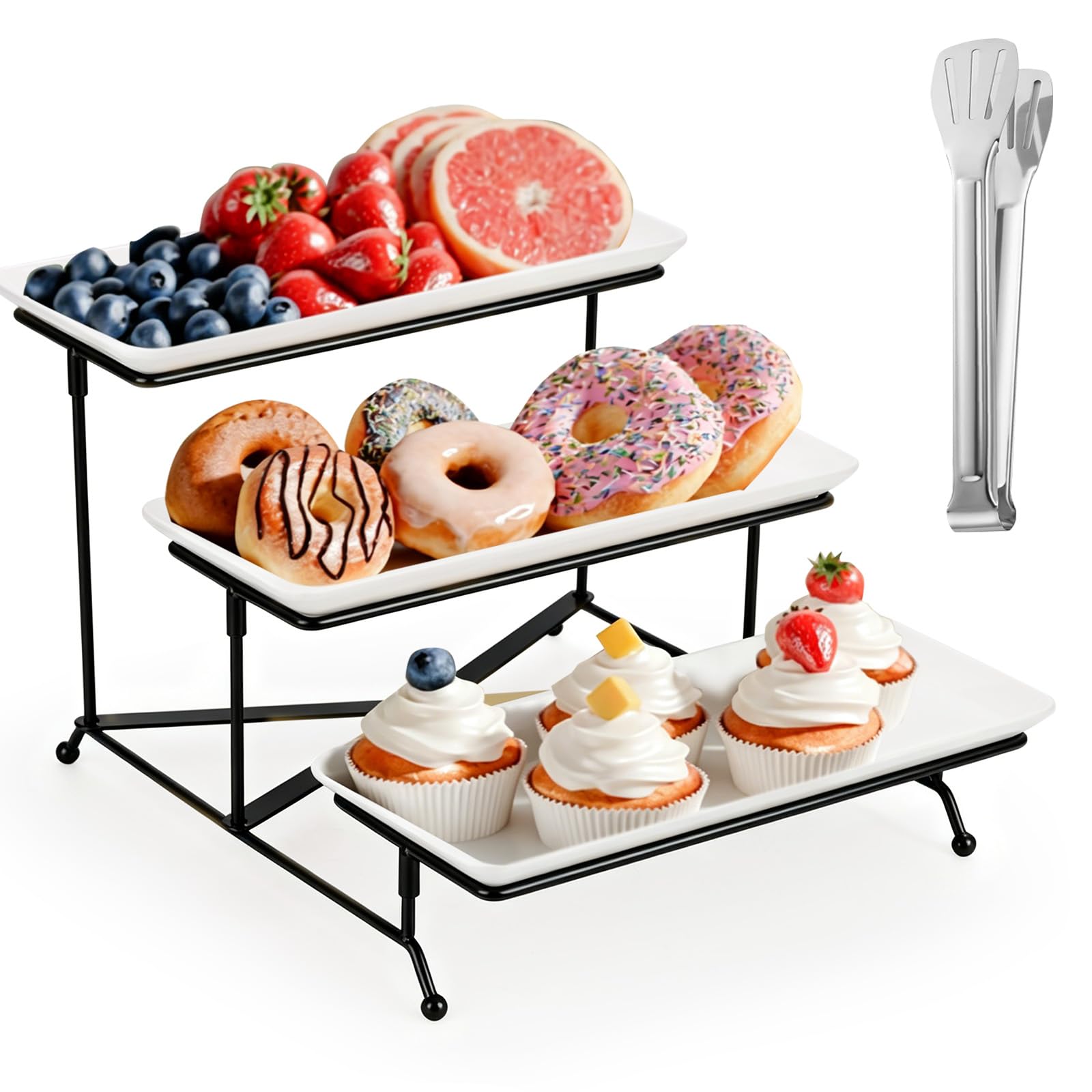 GAESHOW Vassoio da Portata 3 Piatti, Alzate per Buffet Dolci Riutilizzabile, Vassoio Rettangolo con Supporto in Metallo, per Dessert, Frutta e Torta, per Feste e Cucina