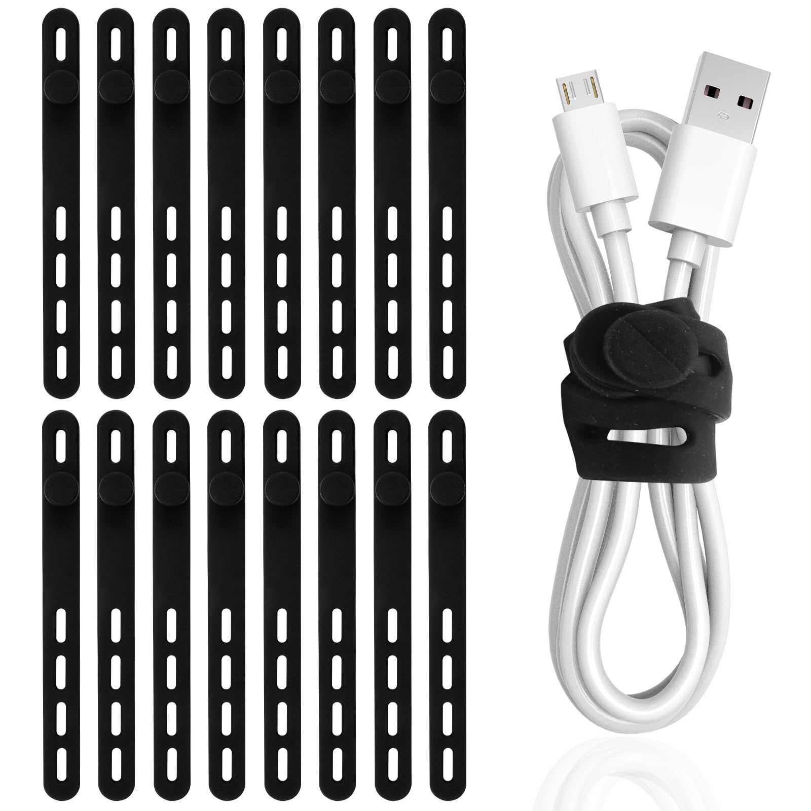 TamBee Silicone Cable Ties Reusable Cable Straps 16pcs Black Cable Wire Ties Cable Cord Organizers for Earphone Phone Charger Audio Cable Computer (16Pcs
