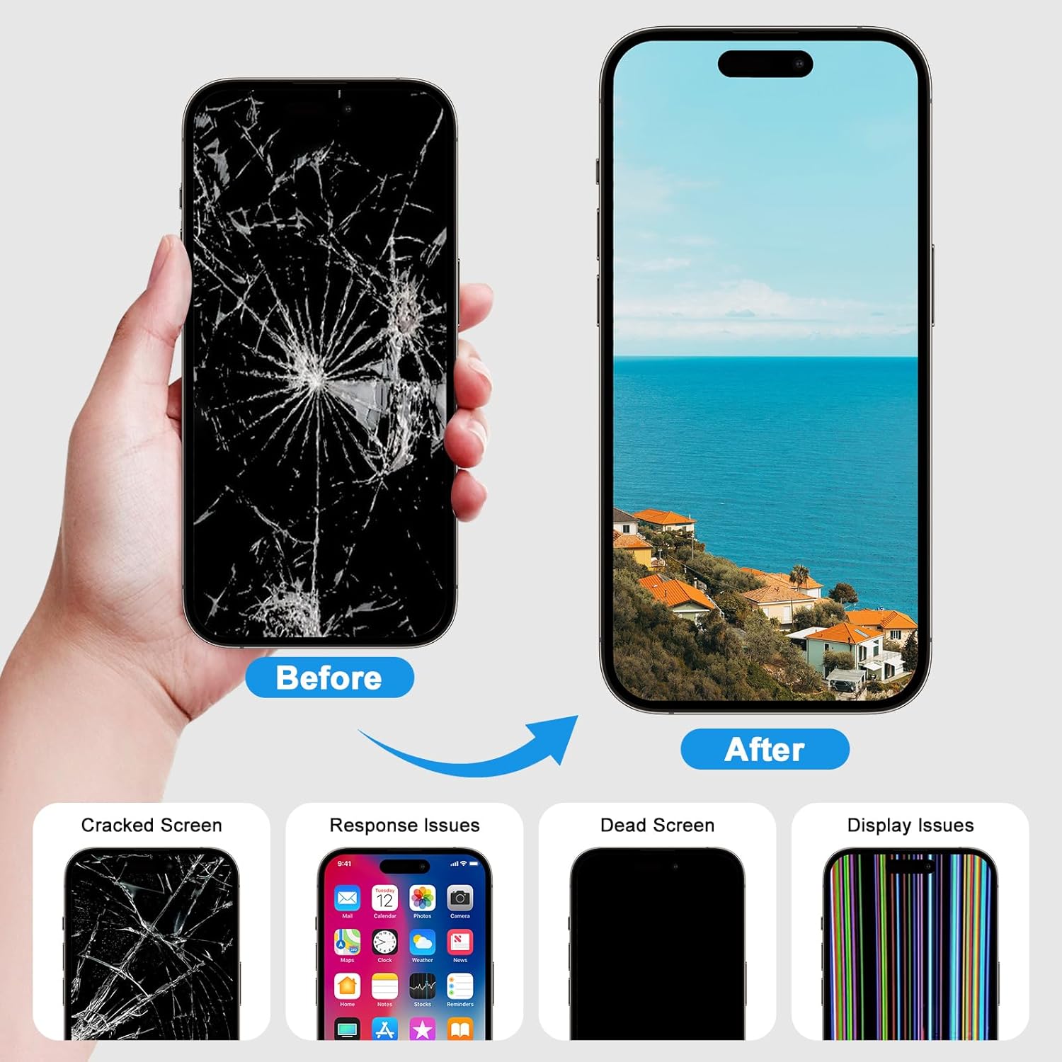 for iPhone 15 Pro Max Screen Replacement ，Wholesale Full HD LCD Display 3D Touch Digitizer Frame Assembly with Waterproof Adhesive for (Models A2849,A3105,A3106,A3108) 6.7 inch,No Repair Tools