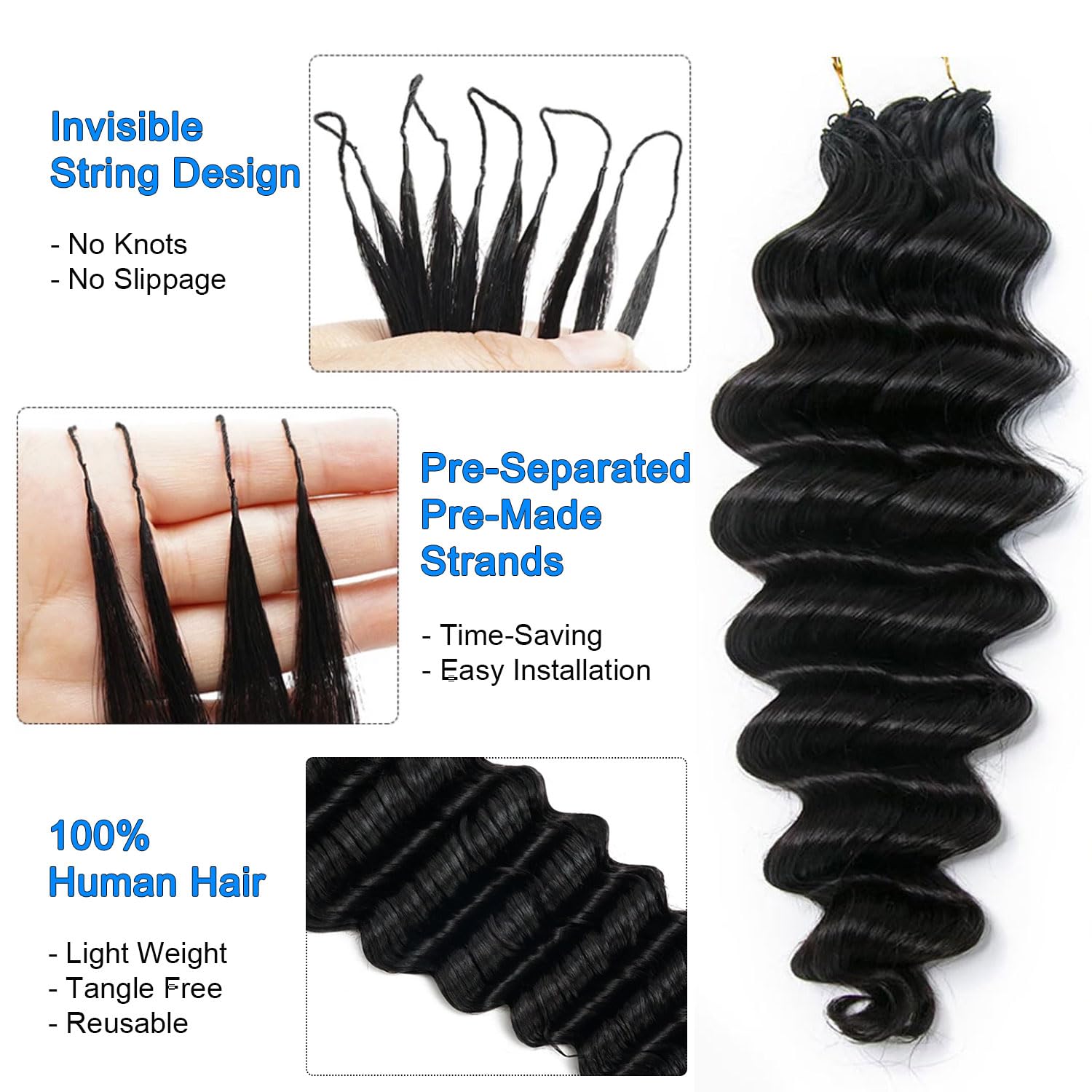 Human Crochet Hair for Black Women Pre Separated Deep Wave Invisible Miracle Knots Hair Feather Crochet Human Hair Extensions Deep Wave Bundles Human Crochet Hair (#1B-50G, 20 Inch)