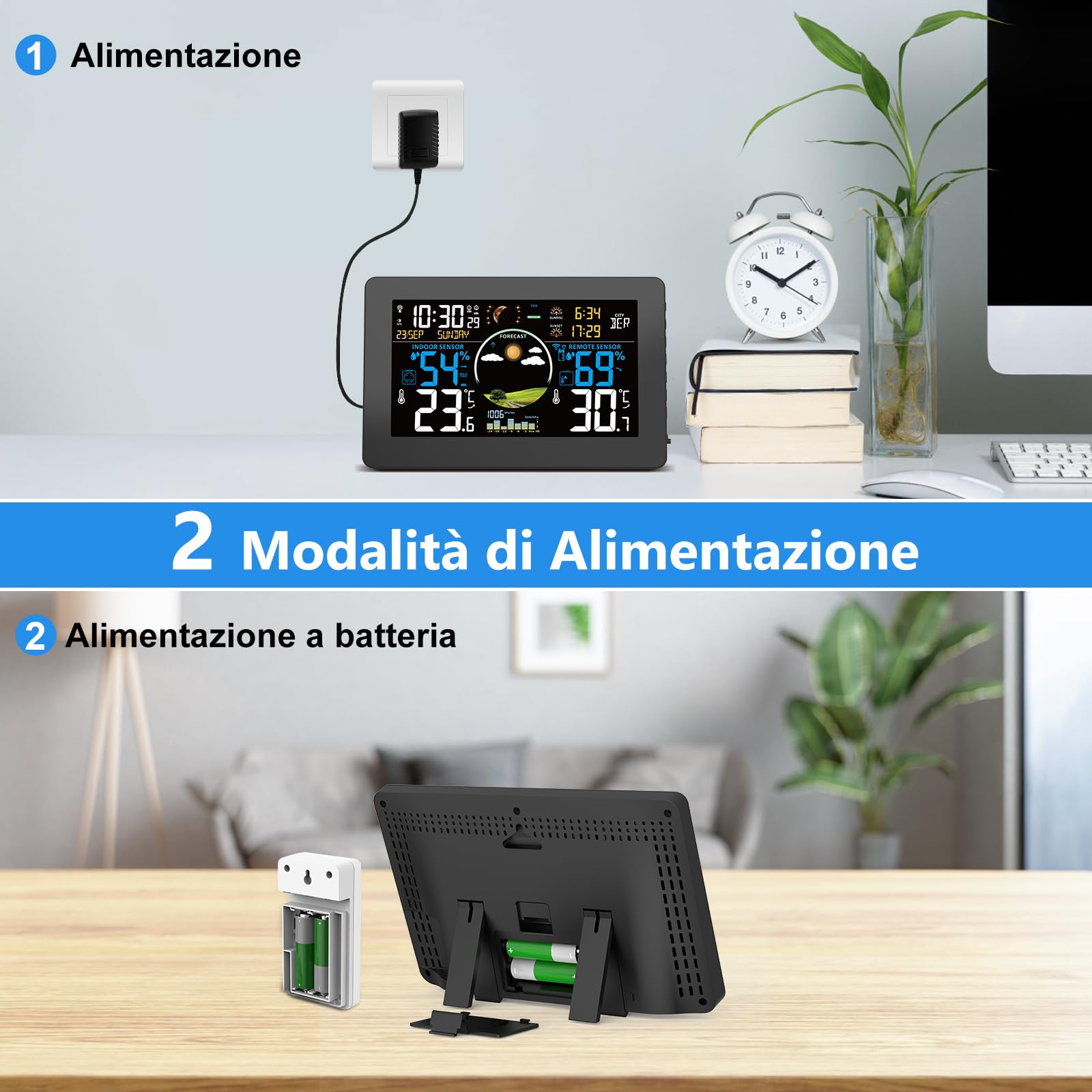 Stazione Meteo con Sensore Esterno, Display a Colori, Temperatura, Umidità, Barometrico, Sveglia, Previsioni del Tempo, Retroilluminazione Regolabile