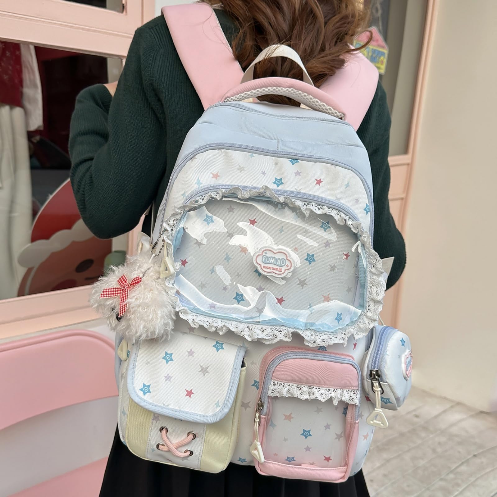 Mochila Escolar Ita Bag Aesthetic Niña, Mochilas Bonitas Multibolsillos con Ventana Transparente para Pines Coleccionables, Kawaii, para la escuela y convenciones de anime (Negro)