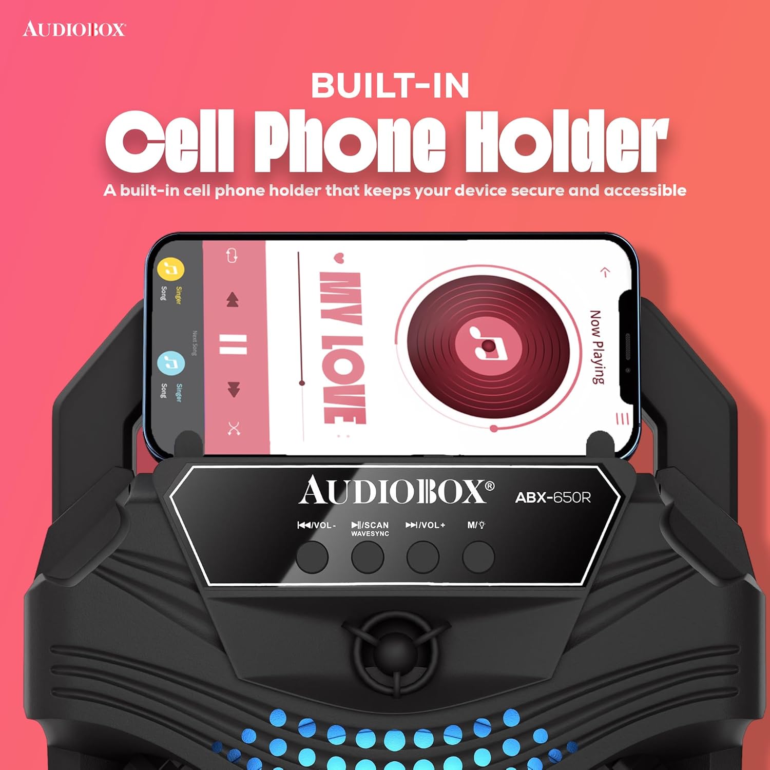 AudioBox ABX-650R speaker with a smartphone placed in its built-in holder