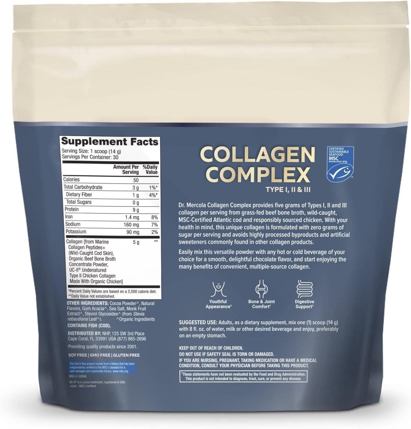 Dr. Mercola Collagen Complex Powder - Supports Skin Elasticity & Tissue Health - Multi-Source Collagen Types I, II & III - Non-GMO, Gluten-Free & Soy-Free- 10.89 oz (30 Servings) - Chocolate