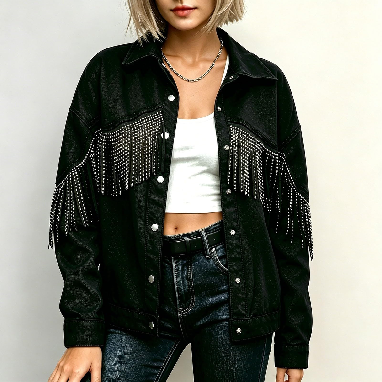 Generisch Chaqueta vaquera para mujer, diseño de solapa, para tiempo libre