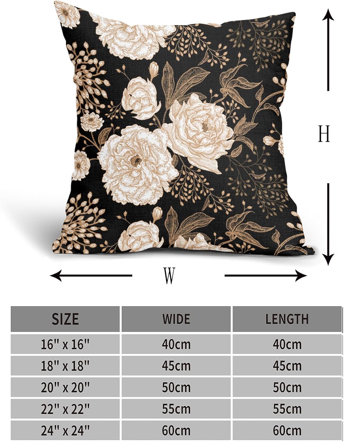 aportt Vintage Peony Roses Floral Plant Pillow Covers 24X24 Inch Set of 2 Chinoiserie White Flower Leaves Decorative Pillow Cases Black Gold Cushion Case Vintage Home Decor for Sofa Couch Outdoor