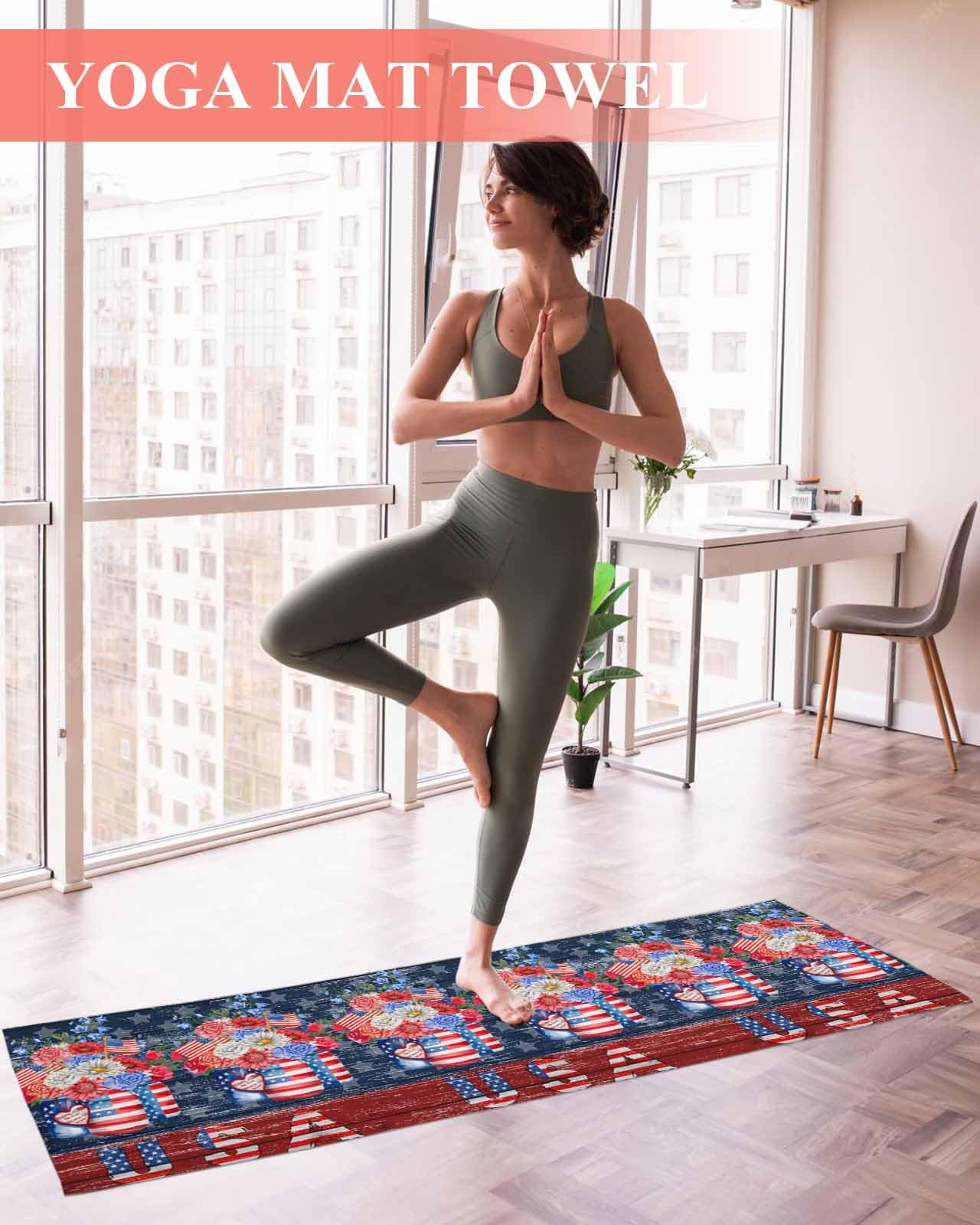 BOSIJOY Yoga Mat Towel,Independence Day USA Flag Flower Non Slip Sweat Absorbent Hot Yoga Towels with Corner Pockets,Star and Stripe on Wooden Soft Microfiber Towel for Pilates Bikram 70