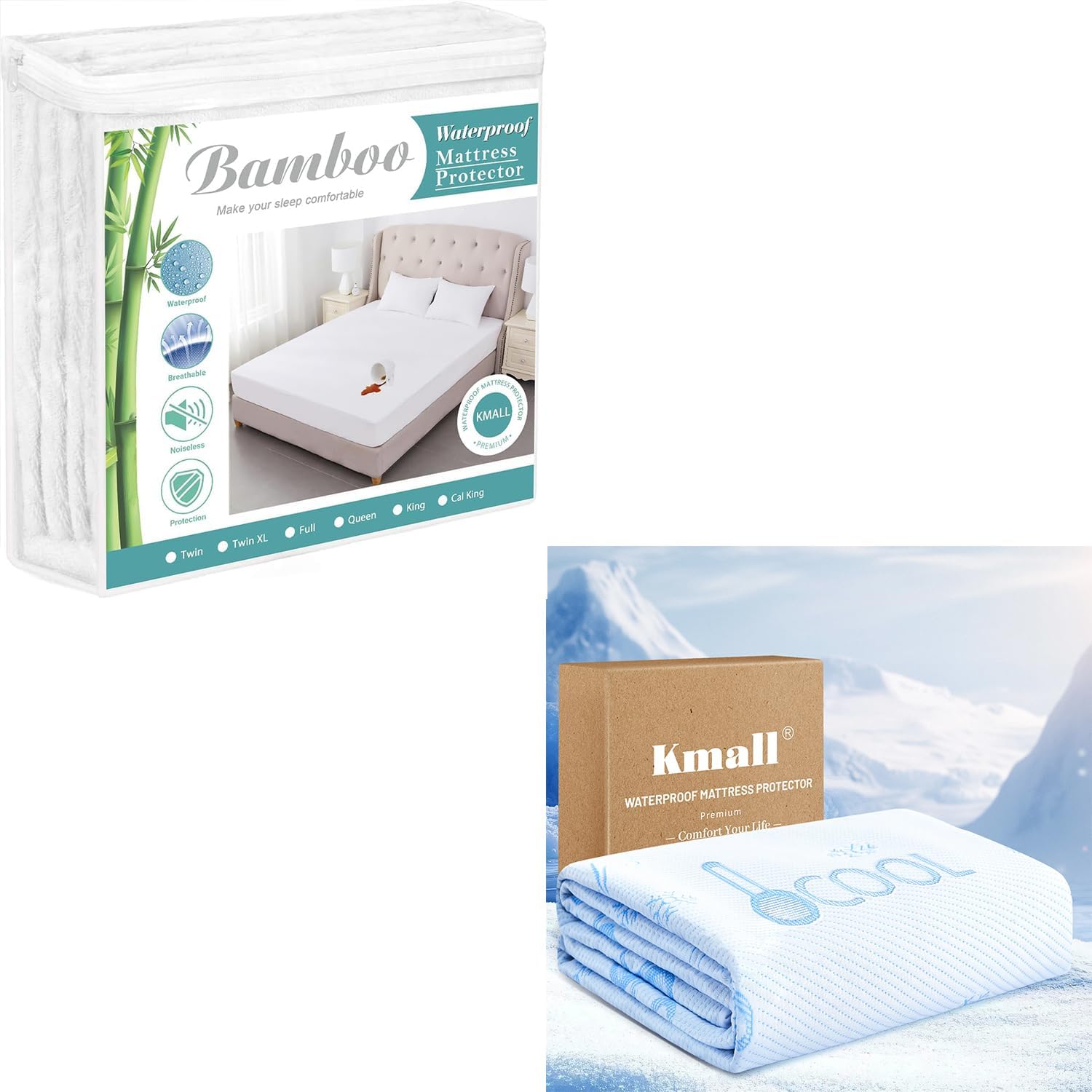 Kmall King Size Cooling Waterproof Mattress Protector Pad Cover and remium Cooling King Size Mattress Protector - 100% Waterproof & Breathable Cool 3D Air Fabric Bed Mattress Cover