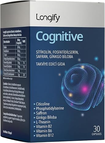 Cognitive Sitikolin, Fosfatidilserin, Safran, Ginkgo Biloba, L-Teanin, B2, B6 ve B12 Takviye Edici Gıda 30 Kapsül
