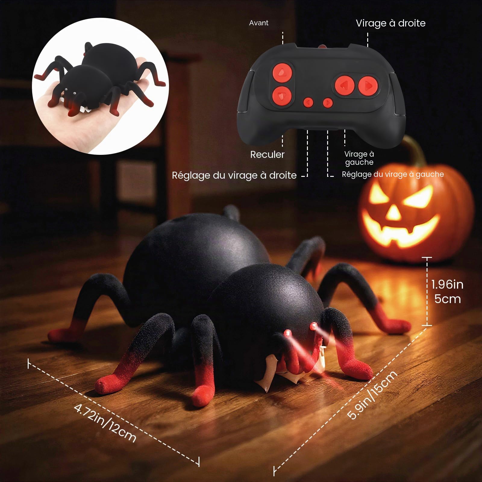 L'Araignée RC Télécommandée - Grimpe aux Murs & Plafonds Rechargeable avec Yeux LED - Jouet Robot Araignée pour Enfants dès 3 Ans - Cadeau Effrayant pour Garçons & Filles à Halloween