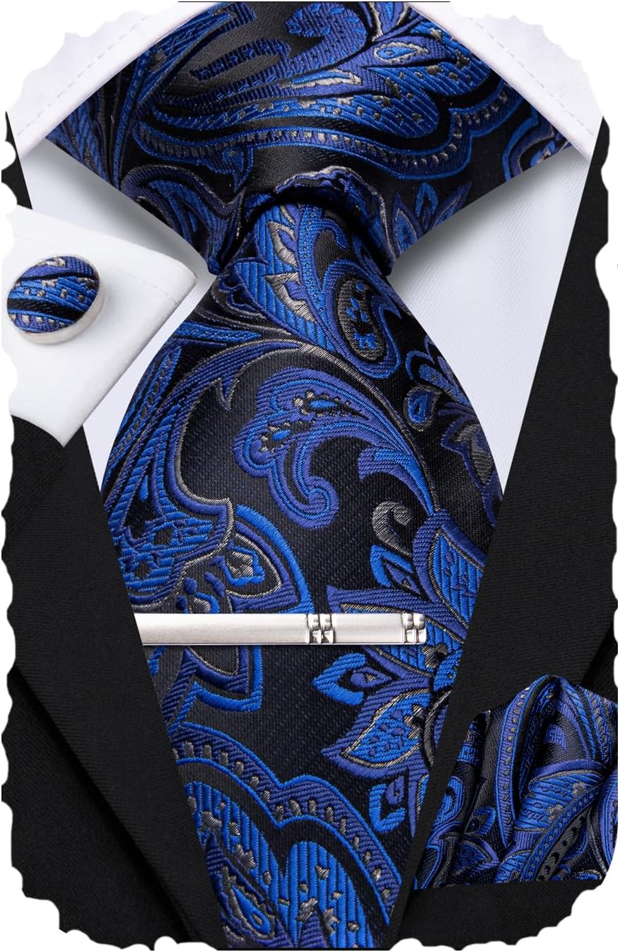 Hi-Tie Classic Mens Silk Ties Set 4 PCS Necktie Pocket Square Cufflinks Clip Pin Solid Strip Paisley Tie,Blue Black