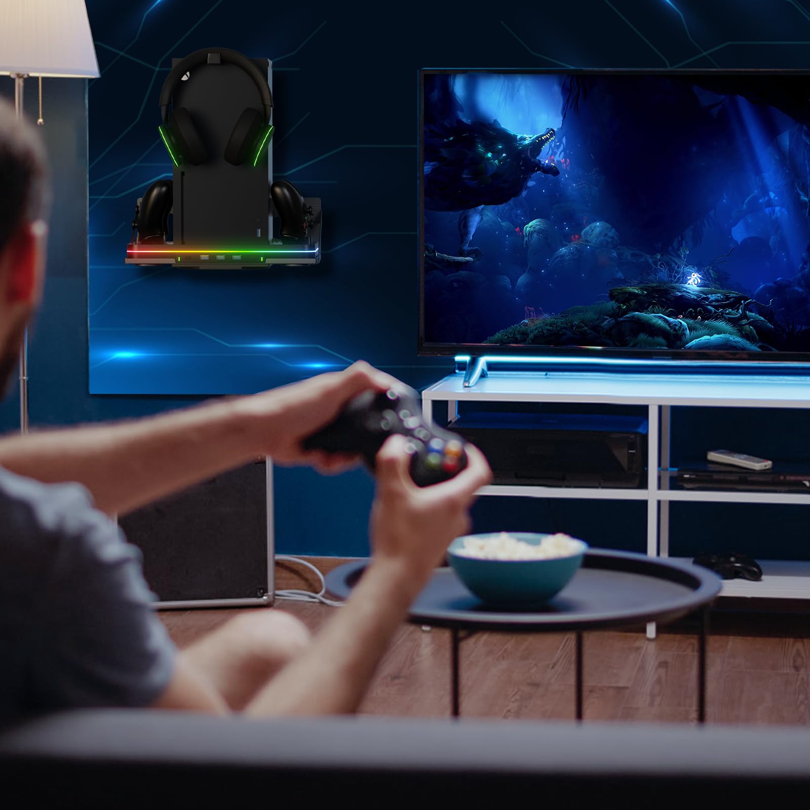 Soporte de pared con ventilador de refrigeración para Xbox Series X/S, estación de carga vertical de doble controlador con 2 baterías recargables de 1100 mAh para accesorios de consola Xbox, 3 puertos