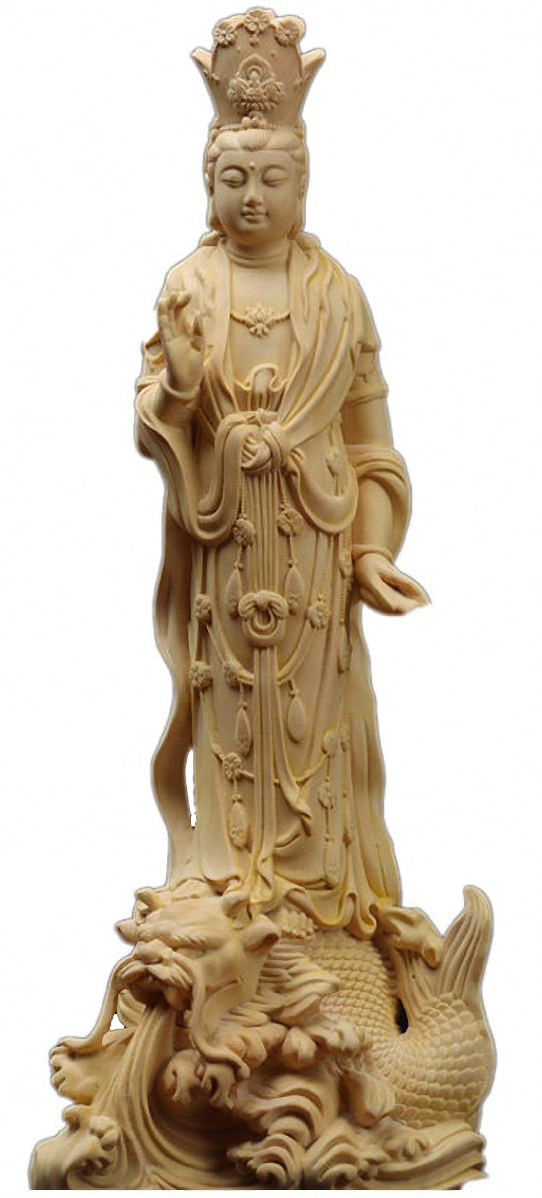 手彫りのツゲ材製観音像（玉座）、仏壇や禅の装飾に最適な