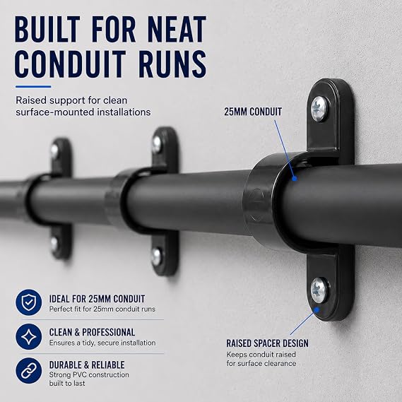 25mm Black PVC Conduit Spacer Bar Saddles Clips - Pack of 10