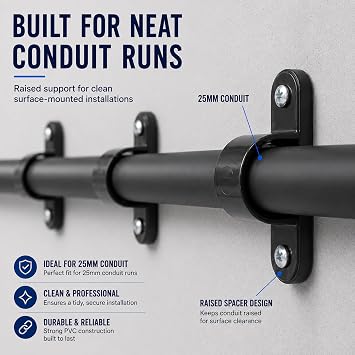25mm Black PVC Conduit Spacer Bar Saddles Clips - Pack of 10
